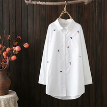 Spring and Autumn Mid-length Art Fan Embroidered White Shirt Women Loose Large Size Long Sleeve Student Casual Shirt Jacket ins
