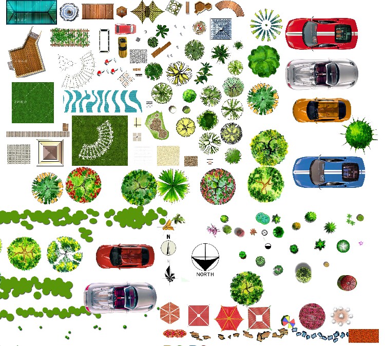 ps15园林景观彩平图psd分层素材室外植物凉亭人假山花坛彩色平面
