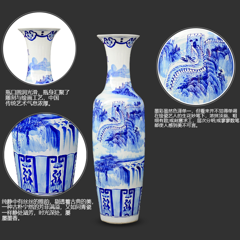 Jingdezhen ceramics hand - made large blue and white porcelain vase Chinese sitting room adornment is placed hotel opening gifts