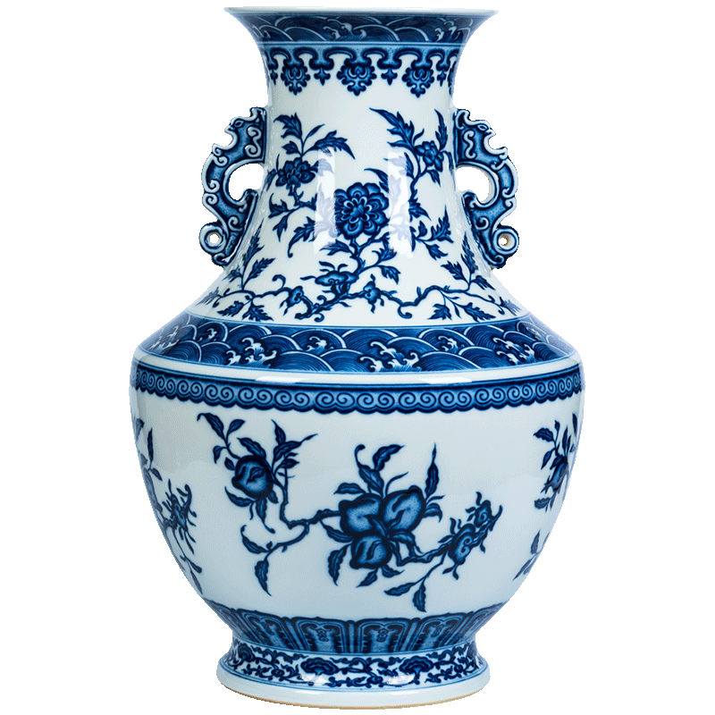 Jingdezhen ceramics vase imitation the qing qianlong maintain satisfied grain square shoulder of blue and white porcelain bottle of Chinese style living room decoration