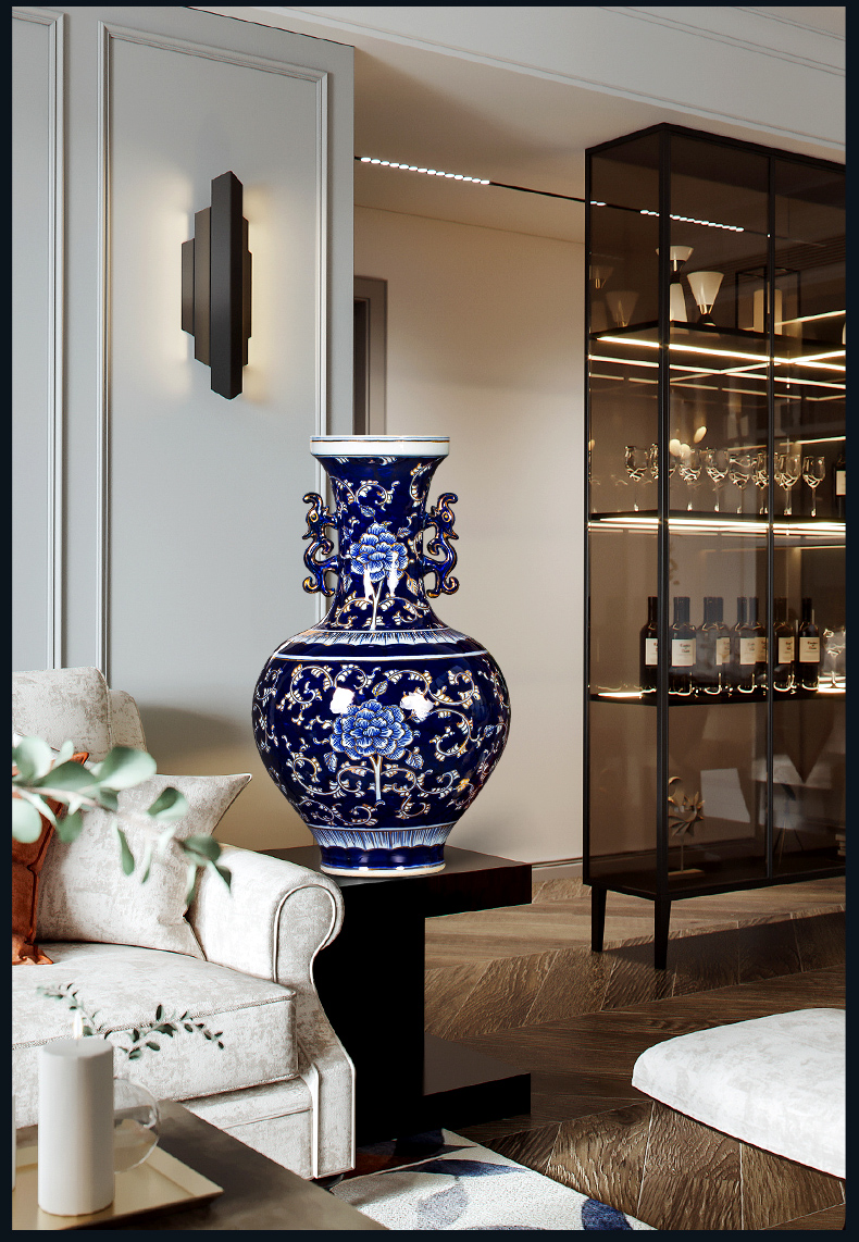 景德镇陶瓷描金手绘青花瓷落地大花瓶仿古新中式客厅瓷器摆件大号