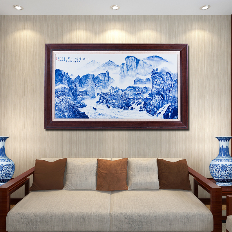 New Chinese style villa landscape sitting room adornment picture hanging style water jingdezhen ceramic hand - made of blue and white porcelain plate painting