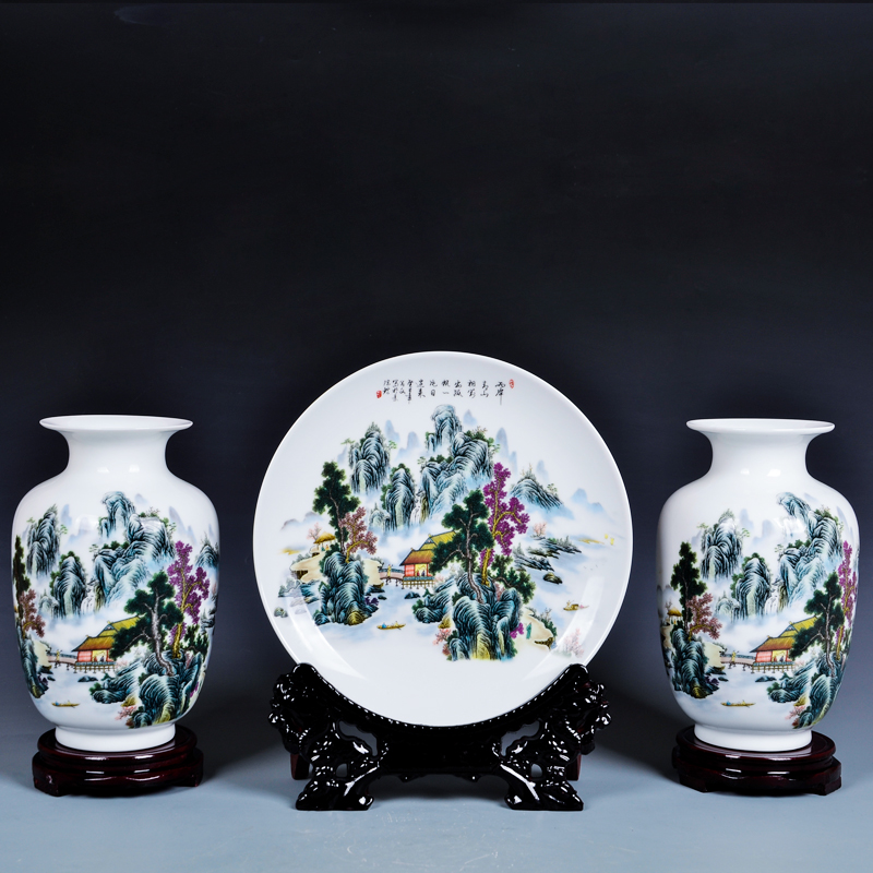 Modern Chinese landscape three - piece vase cb54 jingdezhen ceramics soft adornment handicraft furnishing articles in the living room