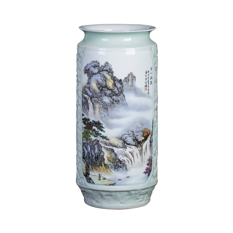 Jingdezhen ceramics antique Chinese landscape painting vase home sitting room adornment is placed on the calligraphy and painting scroll cylinder