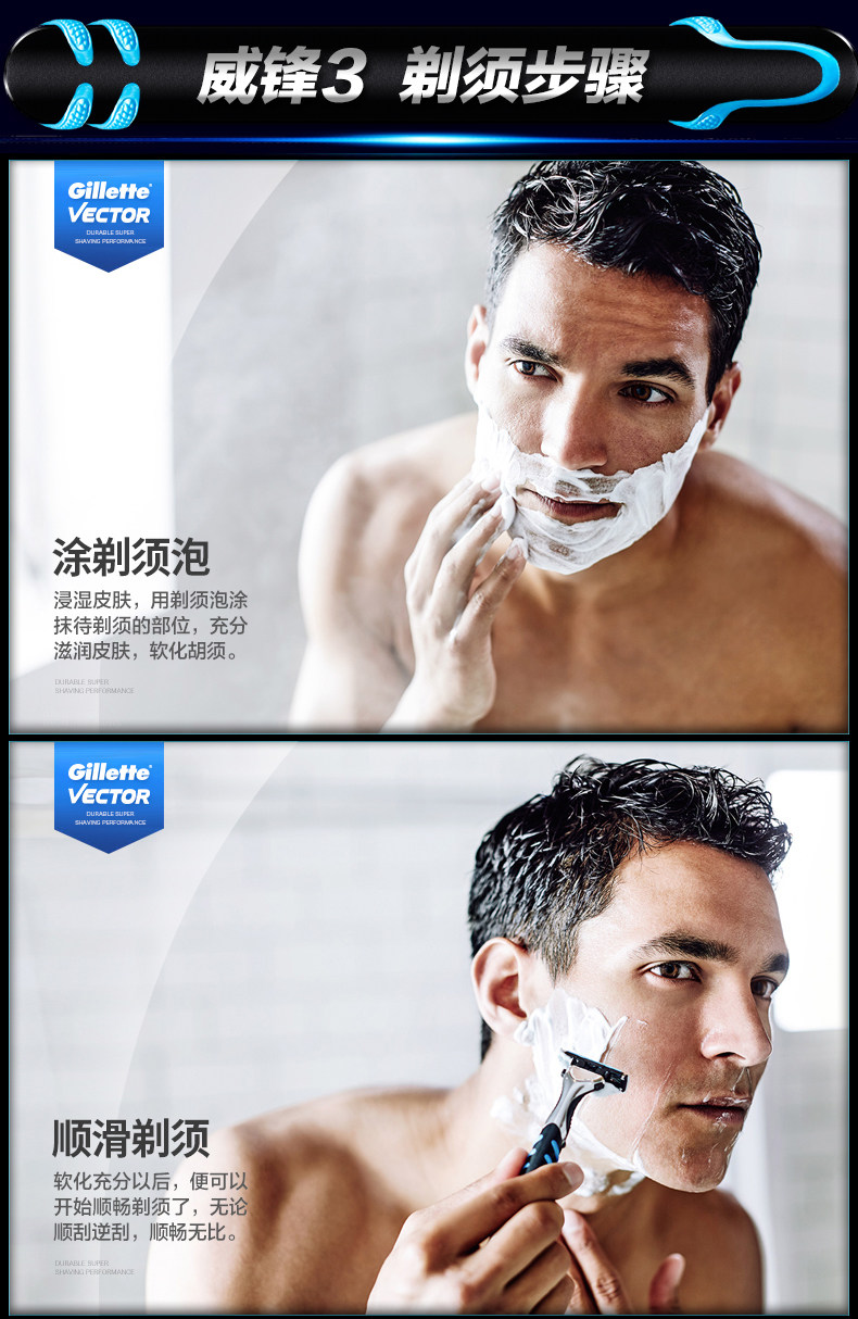 吉列威锋3手动剃须刀吉利男士锋速刮胡刀1刀架5刀头三层刀片