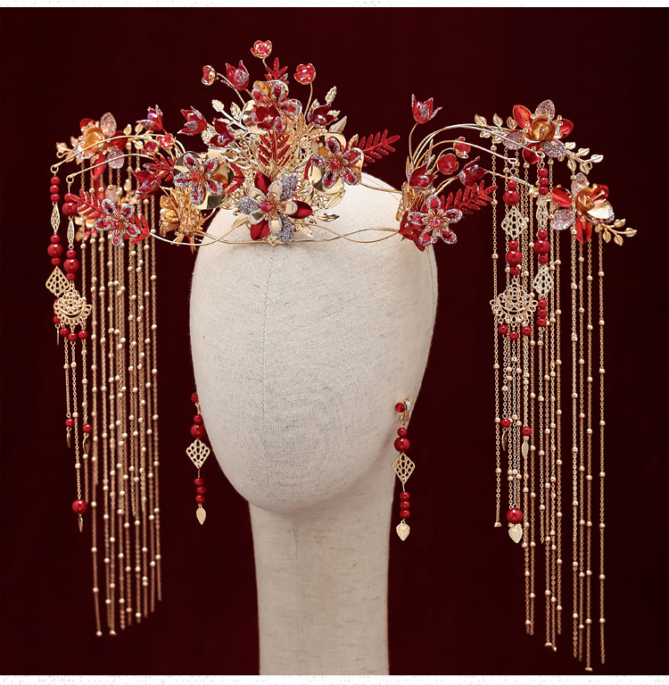 2021新款中式凤冠红色简约大气适合圆脸新娘秀禾服头饰配饰品梓妍