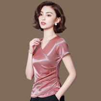 Womens small shirt New 2021 summer dress foreign style cover belly silk short sleeve mulberry silk T-shirt with wide leg pants top
