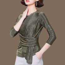 Silk top Women 2021 autumn long sleeve shiny slim T-shirt covering belly base shirt Mulberry Silk solid color shirt