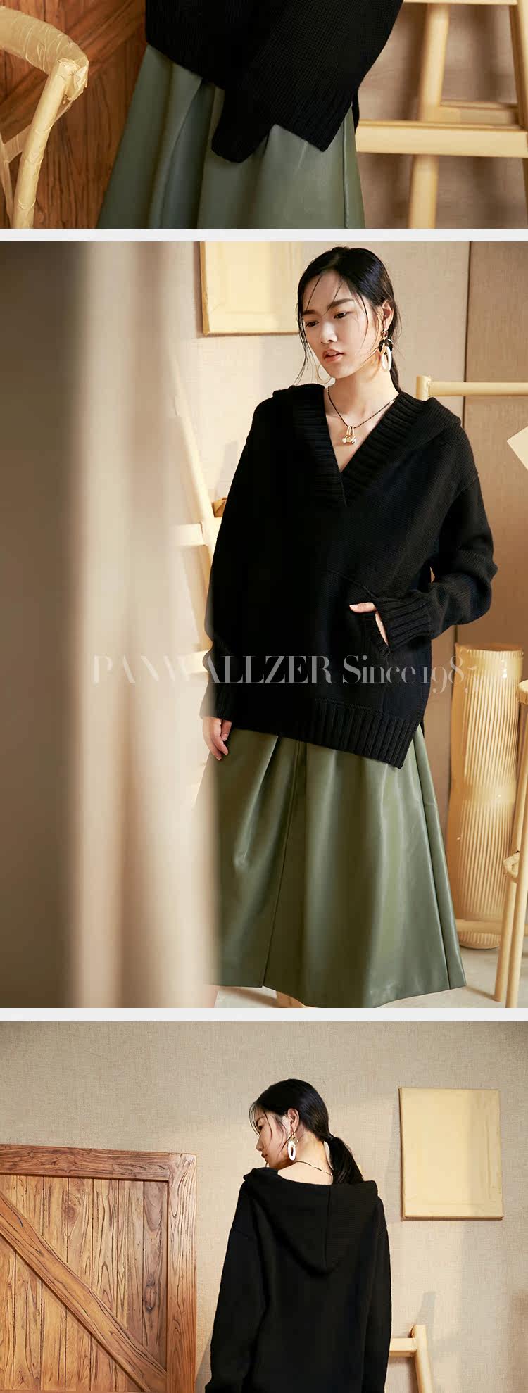 原创品牌潘华尔姿手工毛衣暗黑系风格宽松慵懒oversize黑色连帽_7折