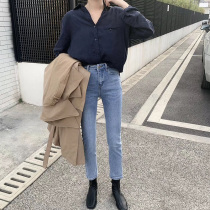 Light Blue small straight jeans womens autumn new small high waist slim French nine-point pipe pants