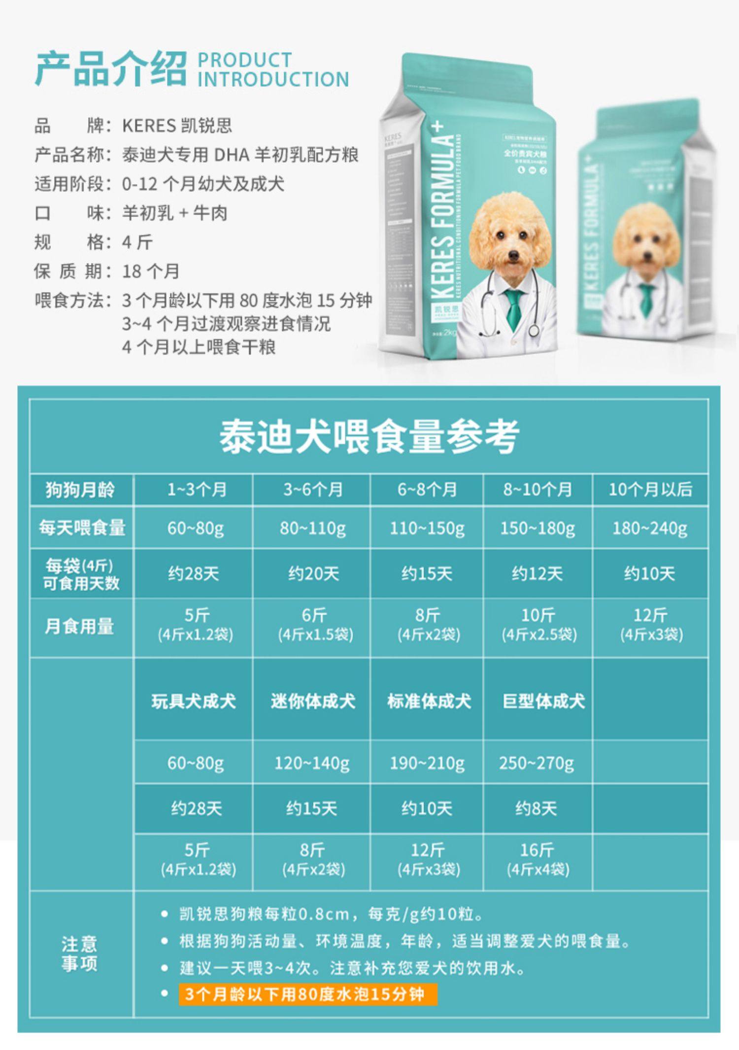 凯锐思贵宾泰迪狗粮幼犬成犬小型犬专用美毛去泪痕通用型天然奶糕_春