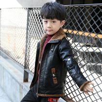 Childrens clothing boys leather coat 2021 autumn and winter new children plus velvet padded jacket medium child Lamb hair winter clothing