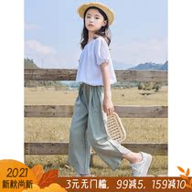 Girls wide leg pants set summer Net red short sleeve T-shirt set foreign atmosphere child thin Capri pants suit summer