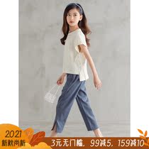 Girls set summer Net red short sleeve wide leg pants set foreign atmosphere children thin T-shirt Capri pants set summer