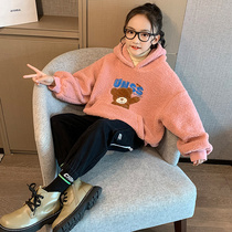 Girls imitation lamb velvet plus velvet thickened 2021 autumn and winter clothes New Korean childrens clothing sweater childrens coat