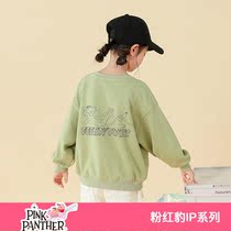 Pink leopard girls casual round neck sweater spring and autumn 2021 New Korean childrens clothing autumn cute fashionable top