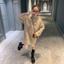 Girls long dress winter dress 2021 new childrens foreign-style knitwear female child thick turtleneck sweater