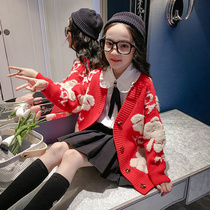 Christmas girl loose cardigan sweater foreign red coat 2021 New middle children autumn and winter thick knitted sweater