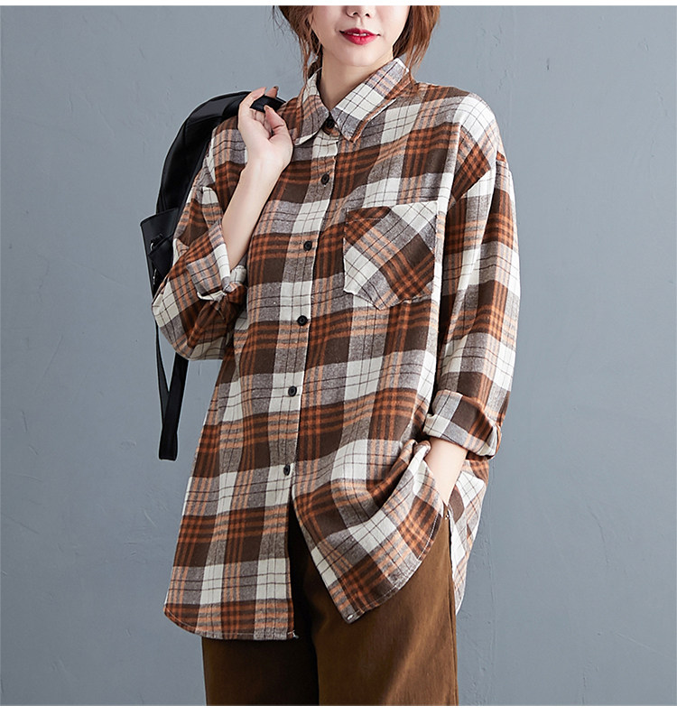【实拍】2020秋季新款文艺大码宽松休闲显瘦复古格子开衫衬衣