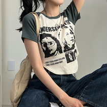 WEEKEEP European and American retro figure printed with shoulder sleeve T-shirt woman irregular dew waist and sexy short blouses summer