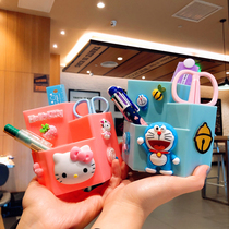 Cartoon cute creative pen container fashion pink girl heart ins desktop office storage box net red makeup tools