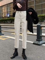 Plus velvet rice white jeans womens 2022 autumn and winter loose thickened nine-point radish pencil pants high waist straight pipe cigarette pants