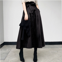 Single-breasted skirt Womens autumn and winter long high-waisted retro lace-up elegance Pocket swing A-line dress