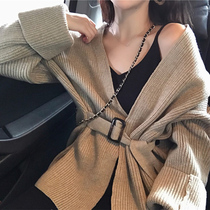 Sweater jacket womens autumn and winter Korean retro v-neck thickened loose lazy wind strap knitted cardigan short top