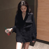 Early autumn womens clothing 2021 new temperament black long-sleeved bf wind shirt top lazy loose medium-long shirt
