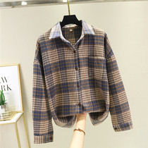 Vintage plaid brushed shirt womens 2021 spring and autumn new Korean version loose and wild long-sleeved lapel shirt jacket
