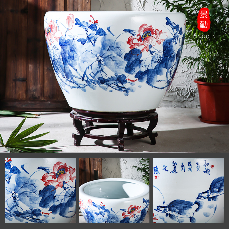 Jingdezhen ceramics tank size small water basin bowl lotus lotus cylinder cylinder tortoise porcelain jar water lily cylinder