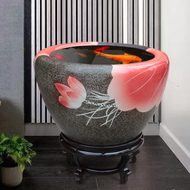 Living room floor ornaments large Jingdezhen retro ceramic fish water lily cylinder Hotel Villa courtyard decoration ornaments