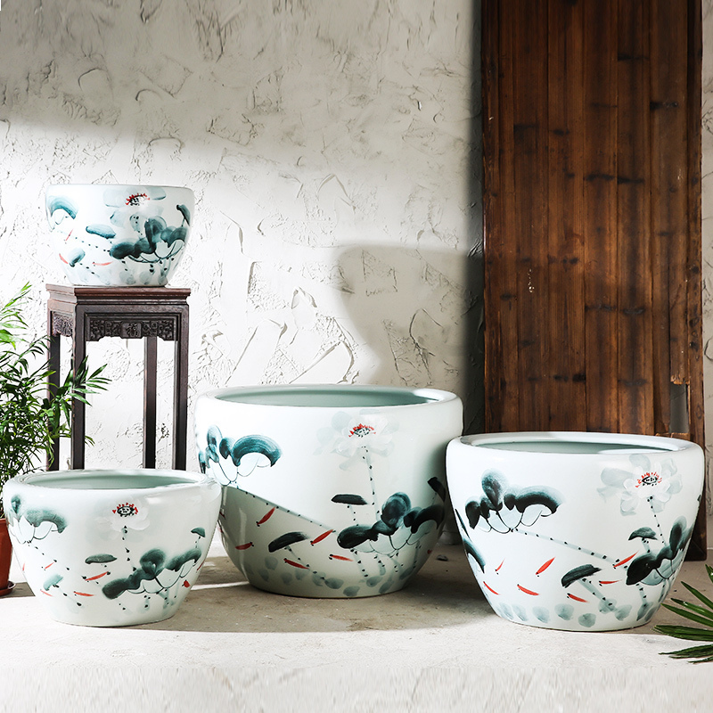 Jingdezhen ceramic aquarium tank large ceramic creative hand - made lotus goldfish turtle cylinder Chinese style household furnishing articles