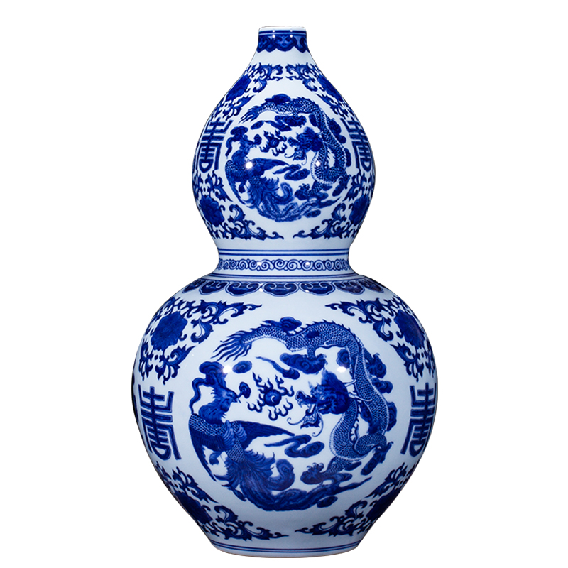 Jingdezhen ceramics imitation the qing qianlong hand - made porch decoration of Chinese style household longfeng gourd of blue and white porcelain vase