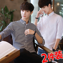 men's long sleeve trendy Korean style slim men's striped handsome business casual shirt men's short sleeve