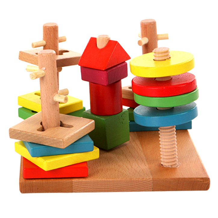 多彩智慧拼盘五柱套柱合形状配对益智积木制玩具儿童玩具