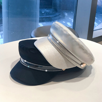 New PU leather duck tongue navy hat children Spring beret Korean version flat top British fashion rhinestone octagonal hat
