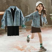 Net Red Girl Suit Foreign Air 2023 New Spring Autumn CUHK Child Han Version Fashion Princess Denim Jacket Two Sets