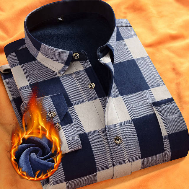 Pure cotton men's long sleeve plus velvet thick Slim lattice warm shirt business casual middle age print shirt male Pure cotton men's long sleeve plus velvet thick Slim lattice warm shirt business casual middle age print shirt male