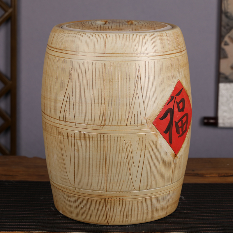 Jingdezhen ceramic barrel home 20 jins 30 jins 50 with imitation solid wood flour barrels moistureproof with cover seal storage tank