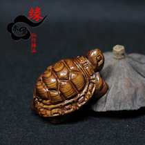 -Laos Huanghua pear handle rich armour world tortoise pendant wood carved ornaments handle Jewelry pendant gift