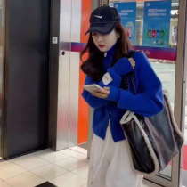 Fat mm Klein blue high collar short fur coat woman 2021 Winter new design Lazy Wind Knit Cardigan