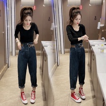 2022 spring new suit T-shirt with high waist old daddy pants with slim straight drum Harun pants two sets