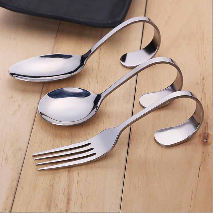 Stainless steel bent handle spoon bent spoon bent spoon bent fork spoon bent spoon back bent hook shrimp slide spoon creative vertical Western food spoon