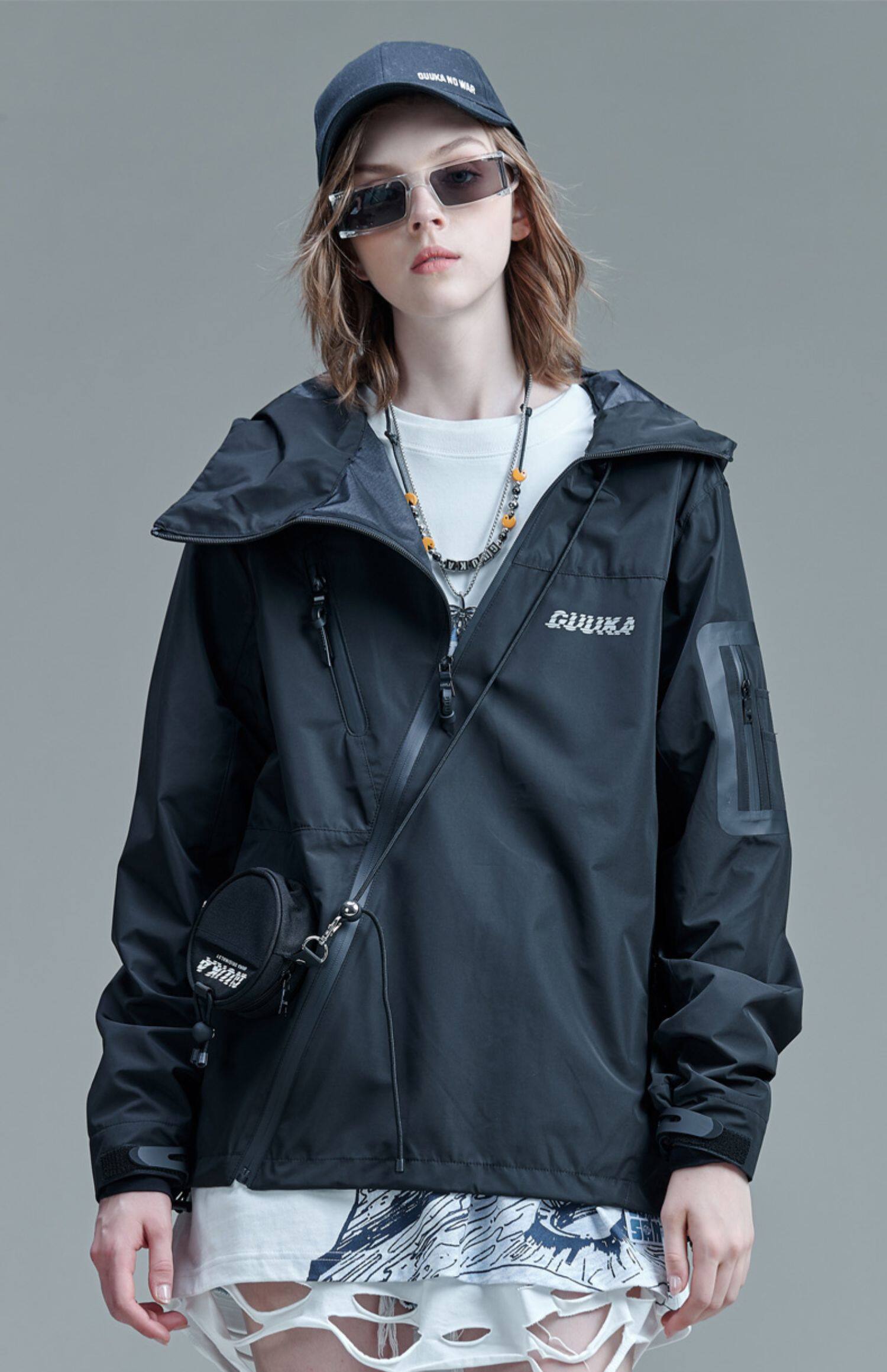 城市机能运动风衣外套薄款女 李现同款嘻哈情侣黑色防风衣女