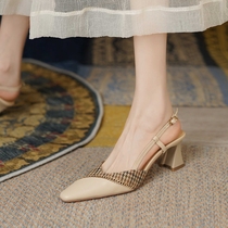 Fatalistic retro little fragrant style Sub-high heels Heel Rear Air Bag Head Small Crowd Sandals Women Summer Custard Genuine Leather