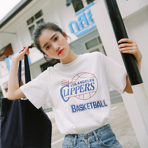 2018夏人物印花纯棉t恤女短袖圆领撞色字母宽松韩版中长款打底衫
