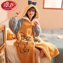 Romantic Coral Suede Sleeping Gown Woman Autumn Winter Sky Thickened Plush Sleeping Skirt Woman Flannel Suede Bathing Suit Woman Winter Long
