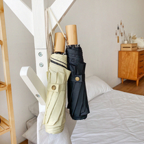 Wooden handle literary umbrella Female Korean simple forest series sunny and rain dual-use solid color sun umbrella sunscreen and UV protection ins