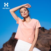 HOTSUIT sports T-shirt women short sleeve summer V neck top women casual versatile fashion solid color base shirt